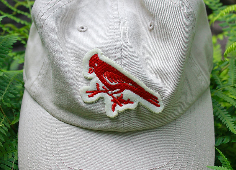 tan baseball cap logo close up