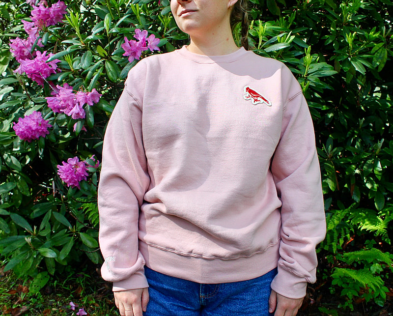 light pink sweatshirt modeled