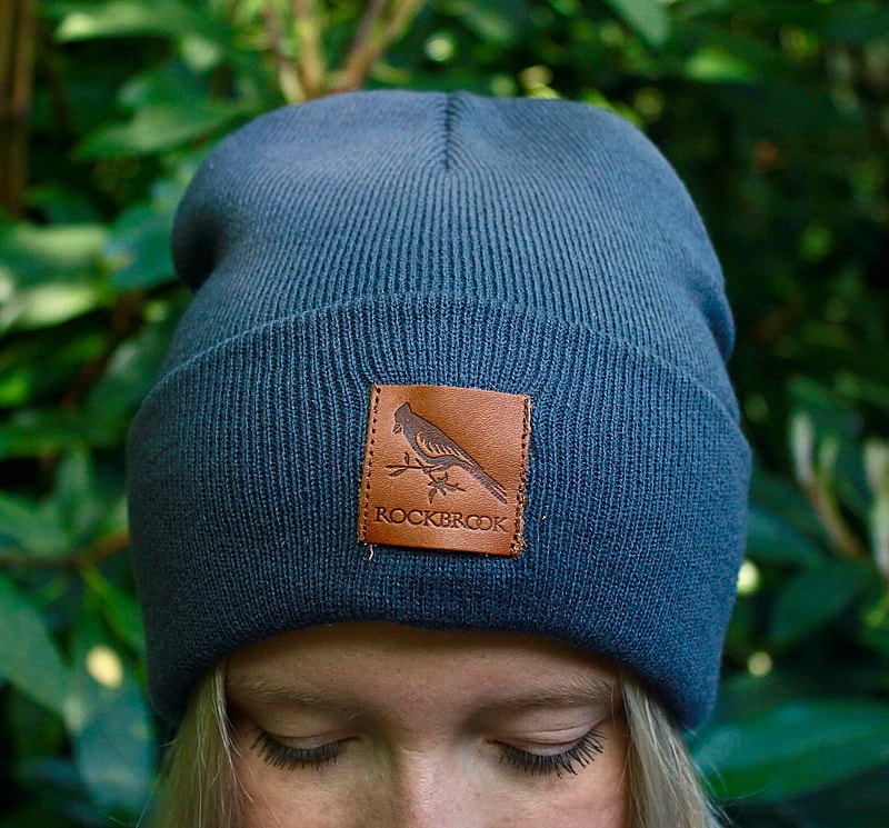 leather patch on knitted beanie