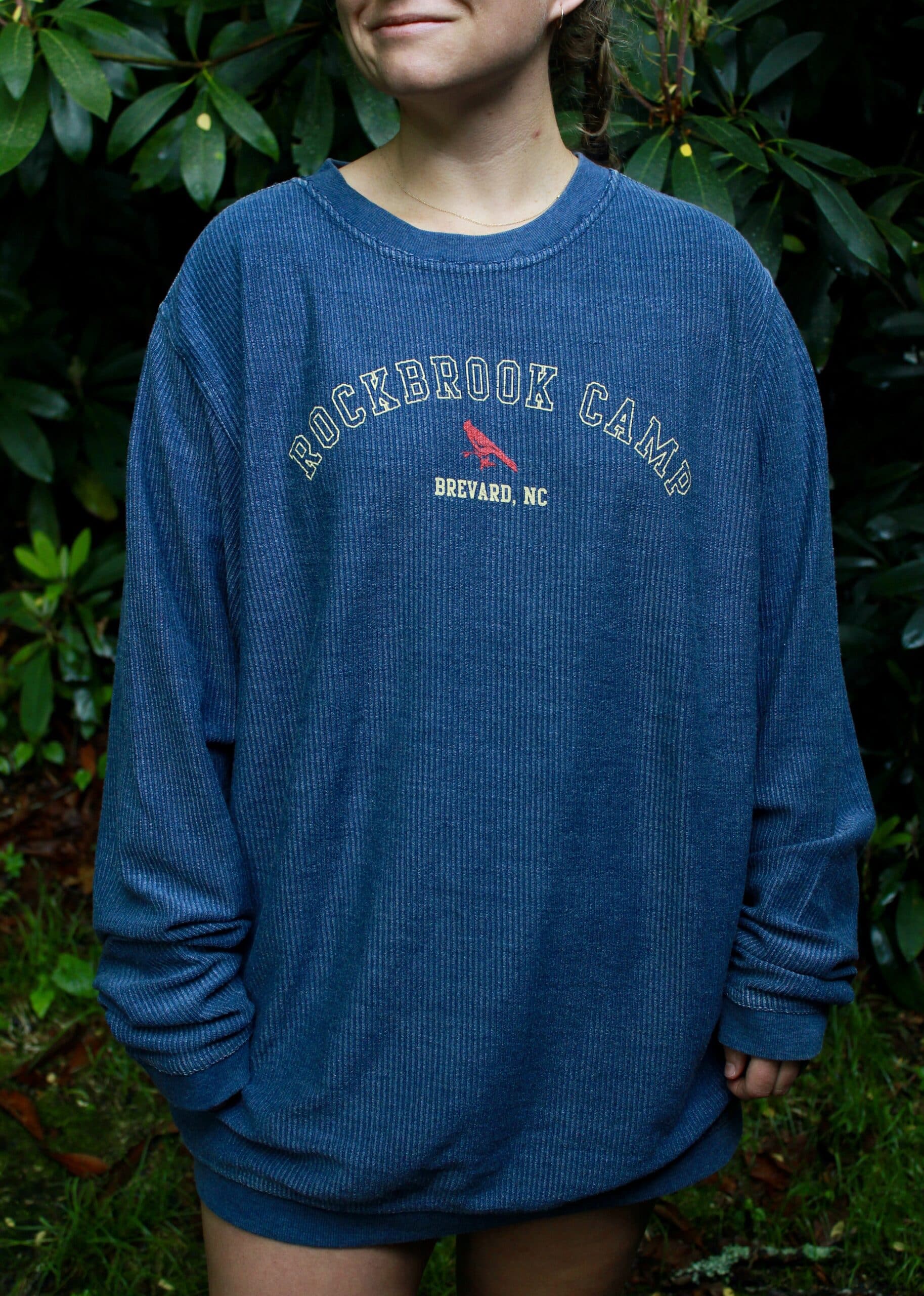 navy knit crew pullover modeled
