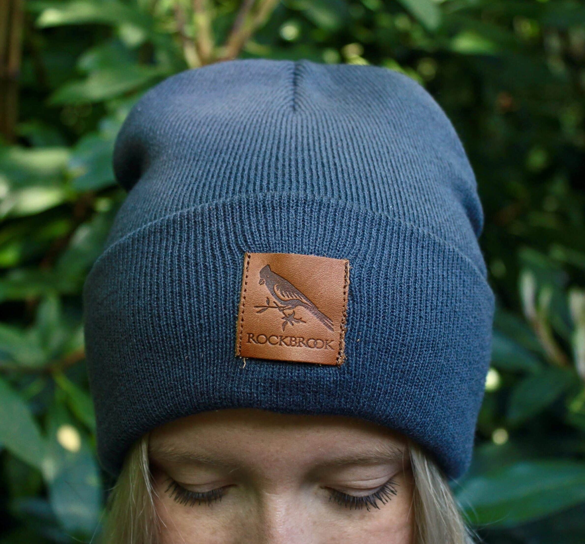 leather patch on knitted beanie